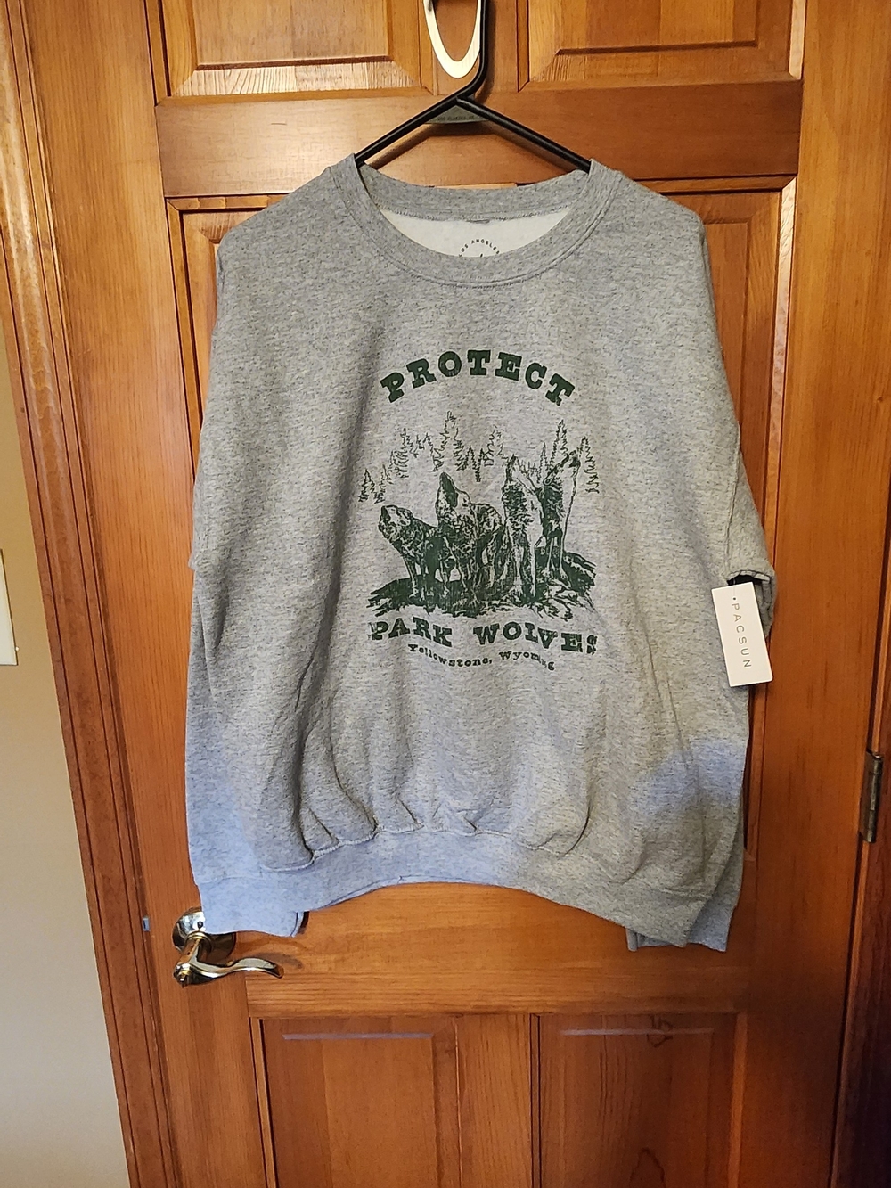 PacSun Gray Crewneck with Green 'Protect Park Wolves' Graphic